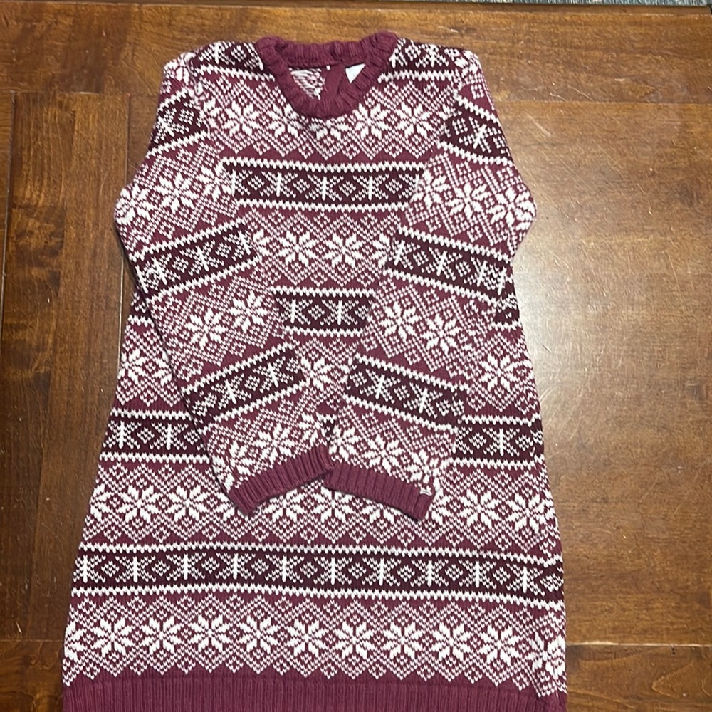 Adrienne Vittadini Girl Maroon and White Sweater Dress with Faux Fur Vest